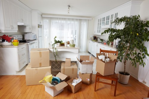Packed boxes and furniture prepared for short-term storage in Chelsea